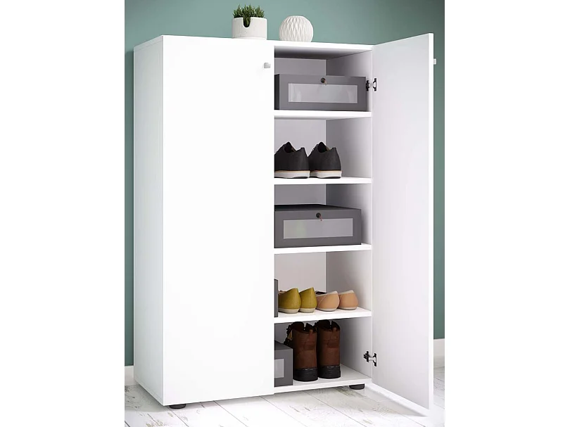 Armário de sapato de madeira VCM | Dimensões: A. 110 x L. 70 x P. 39 cm | Armário para uso integral | 5 compartimentos | 2 Portas rotativas – Lona (Branco)