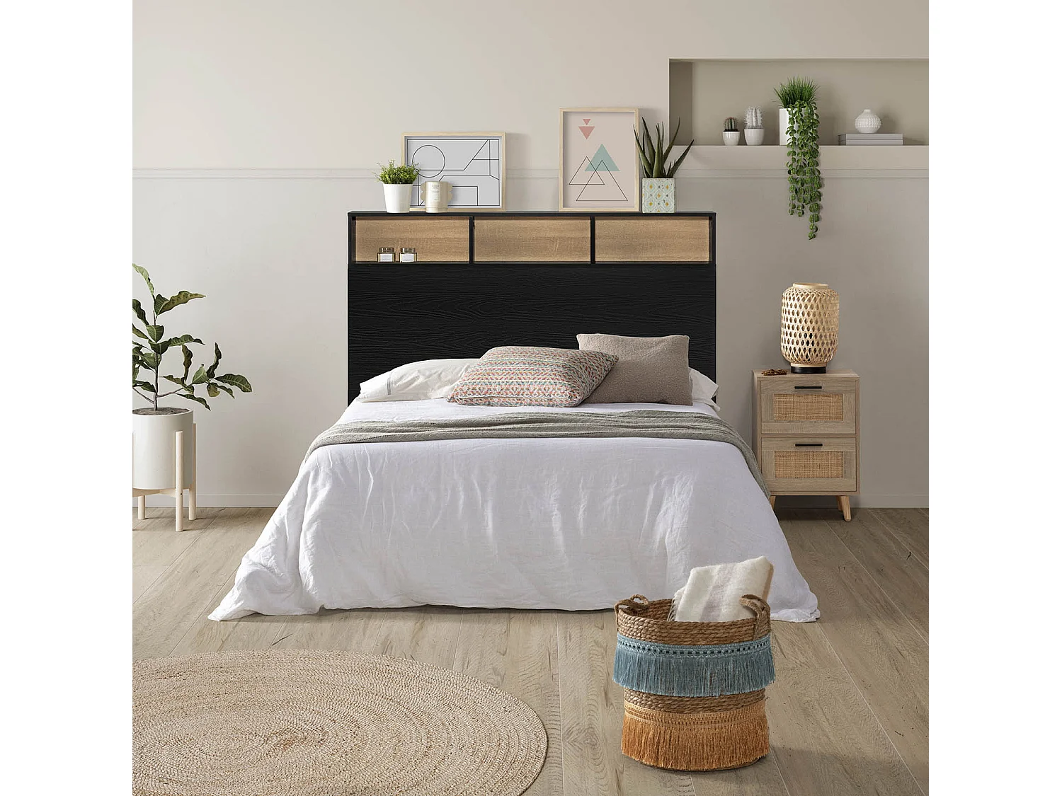 Bedhoofd Zeus 165 cm met opbergruimte Zwart, 2 Deuren 9 Vakken