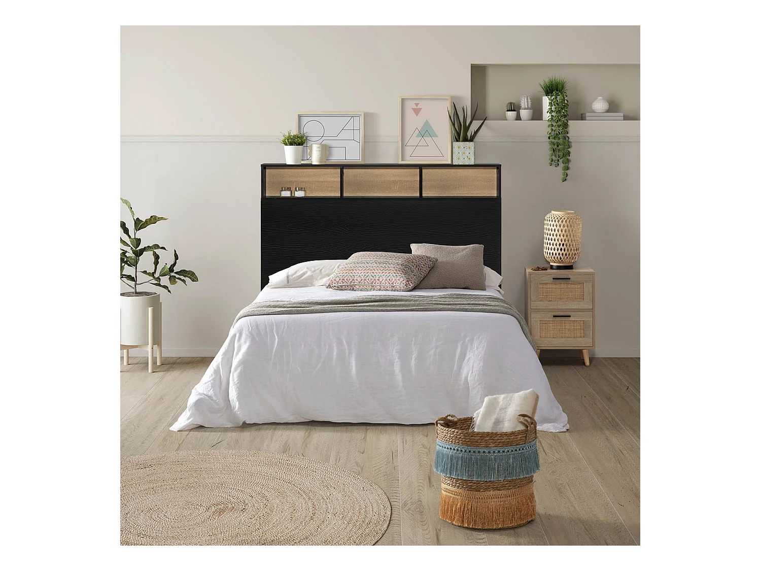 Bedhoofd Zeus 145 cm met opbergruimte Zwart, 2 Deuren 9 Vakken