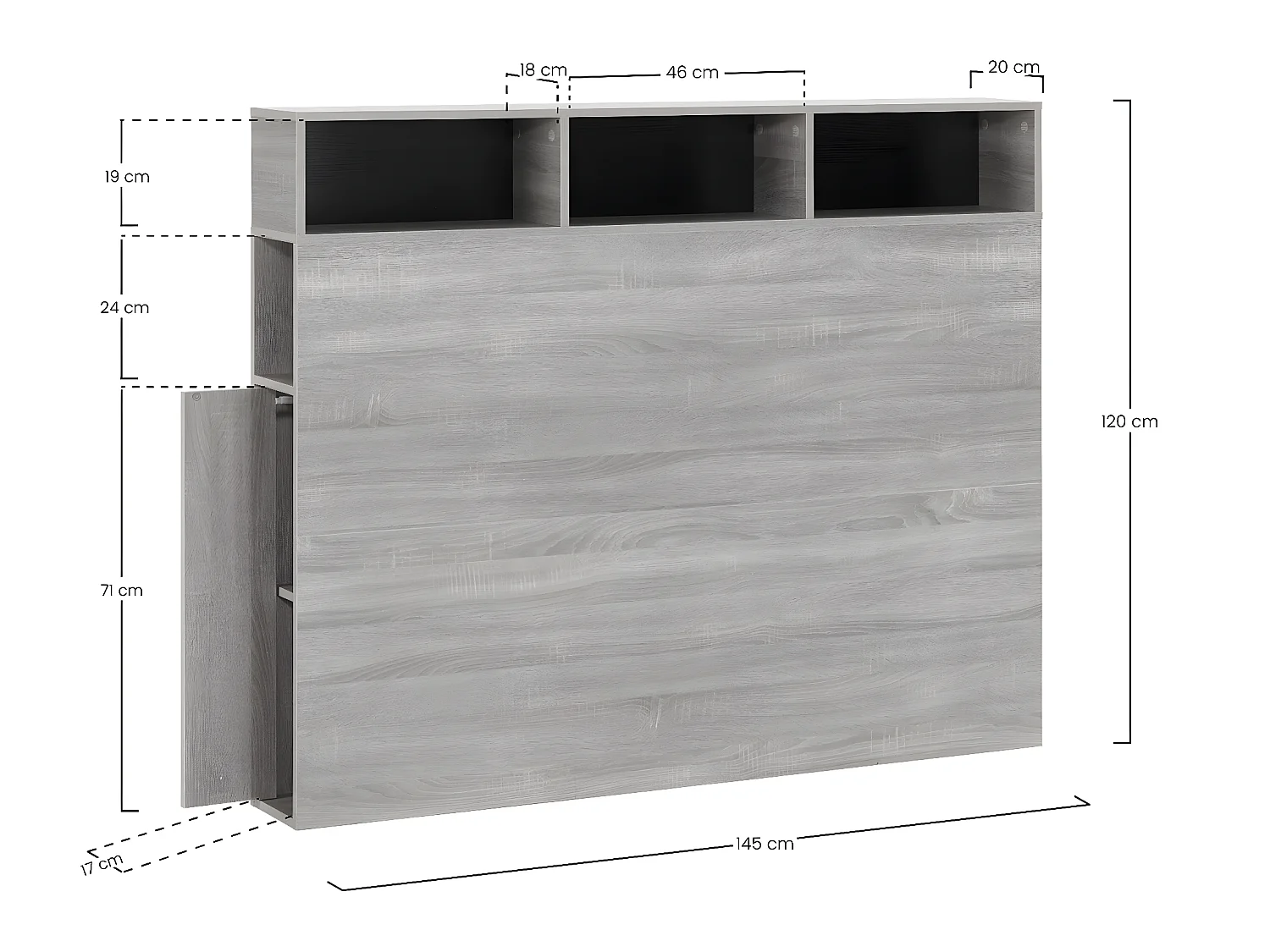 Bedhoofd Zeus 145 cm met opbergruimte Zwart, 2 Deuren 9 Vakken