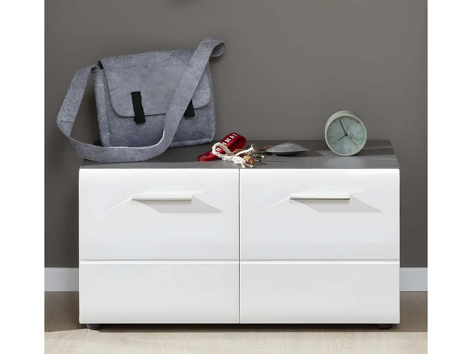 LineGD Banc, 2 portes, argent fumé, blanc brillant.