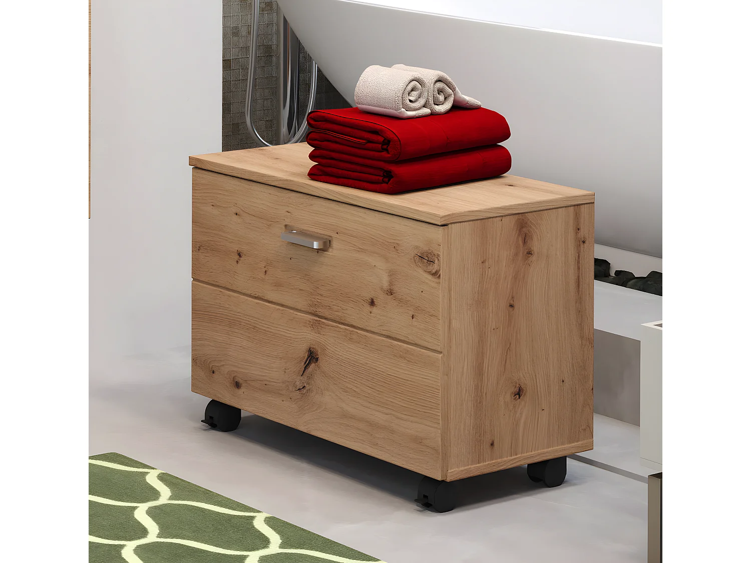 Geo Banc pour salle de bain, 1 compartiment ouvert, 1 rabat imitation chêne.