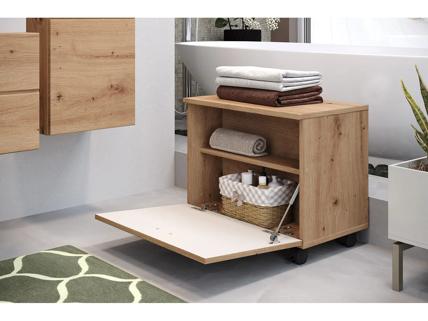 Geo Banc pour salle de bain, 1 compartiment ouvert, 1 rabat imitation chêne.