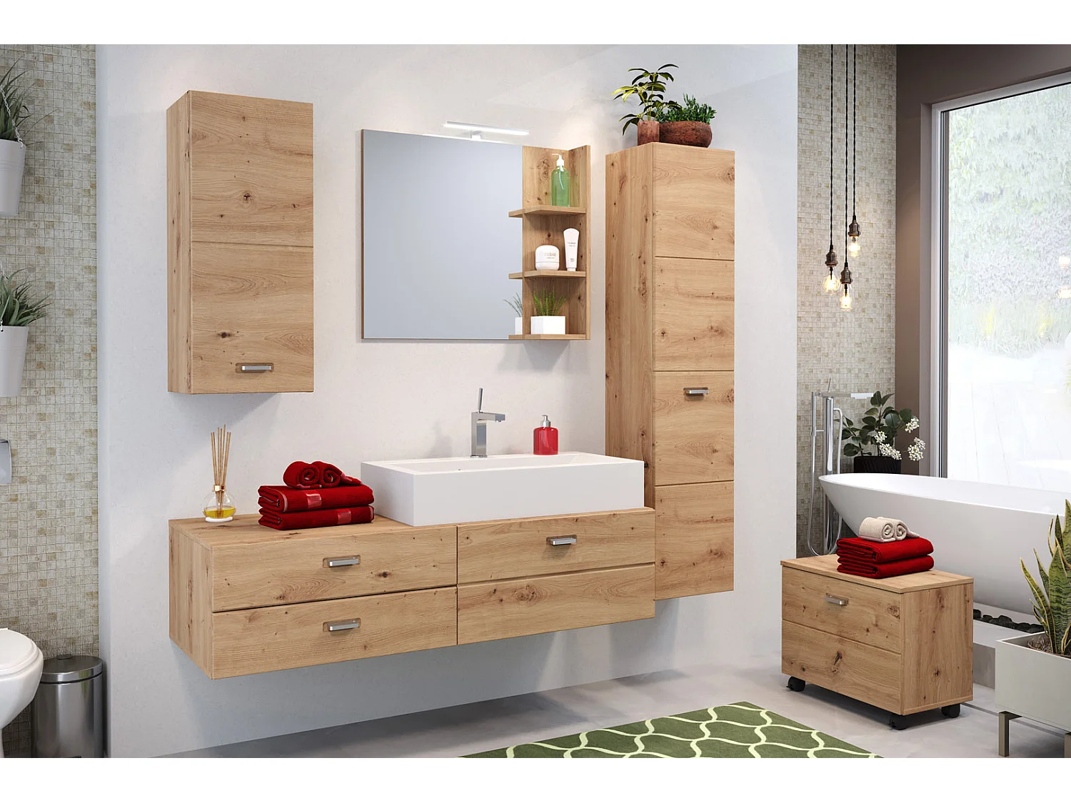 Geo Banc pour salle de bain, 1 compartiment ouvert, 1 rabat imitation chêne.