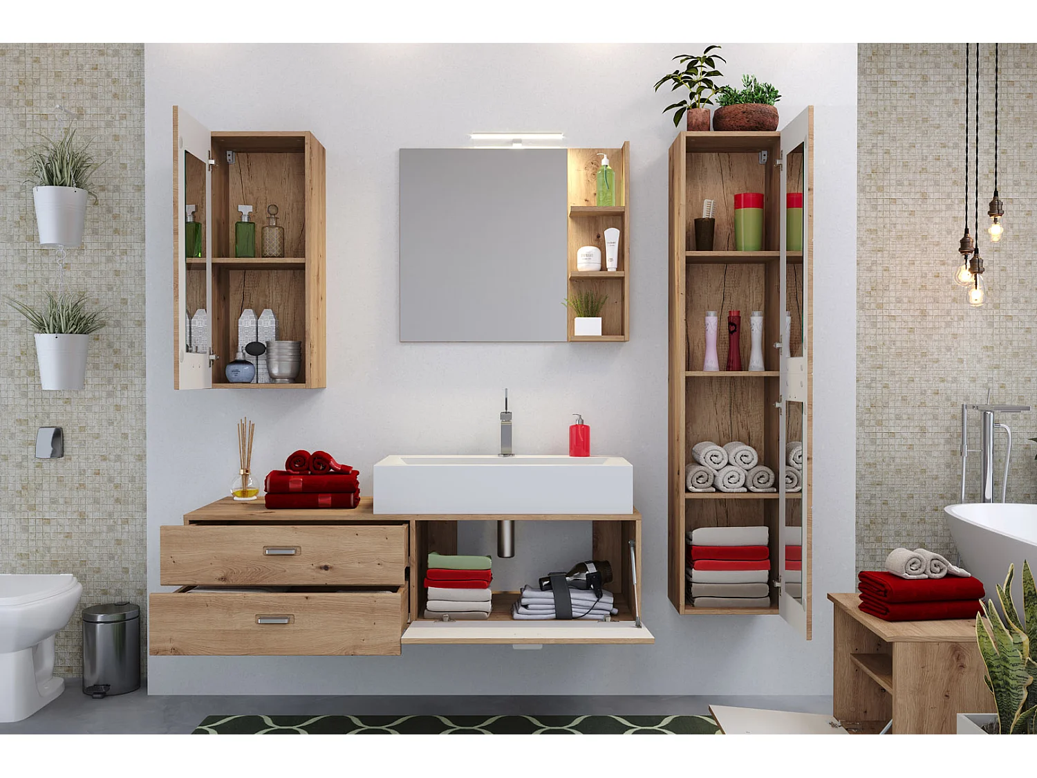 Geo Banc pour salle de bain, 1 compartiment ouvert, 1 rabat imitation chêne.