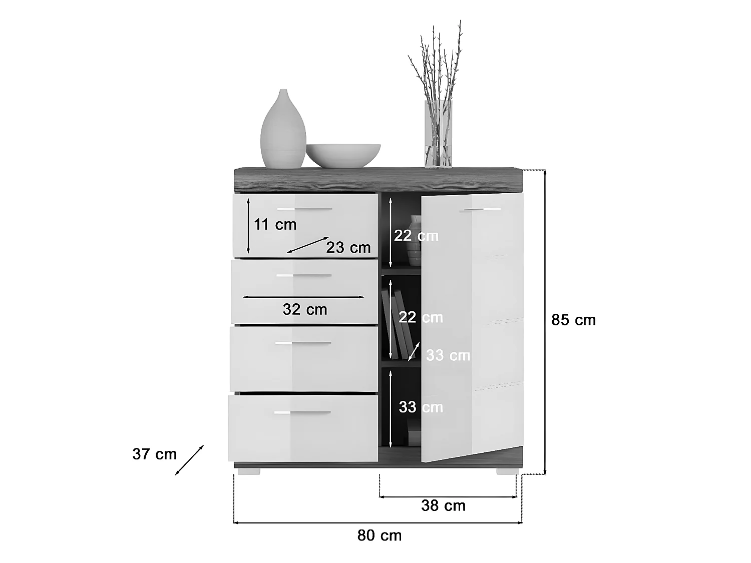 Scout Sideboard 1 Tür, 4 Schubladen grau.