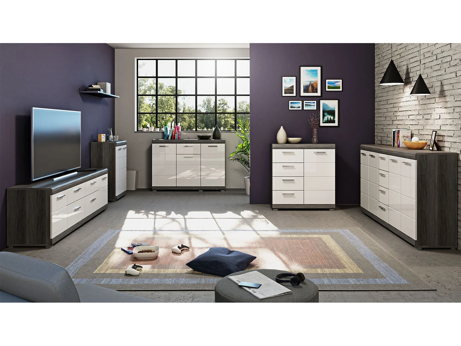 Scout Sideboard 1 Tür, 4 Schubladen grau.