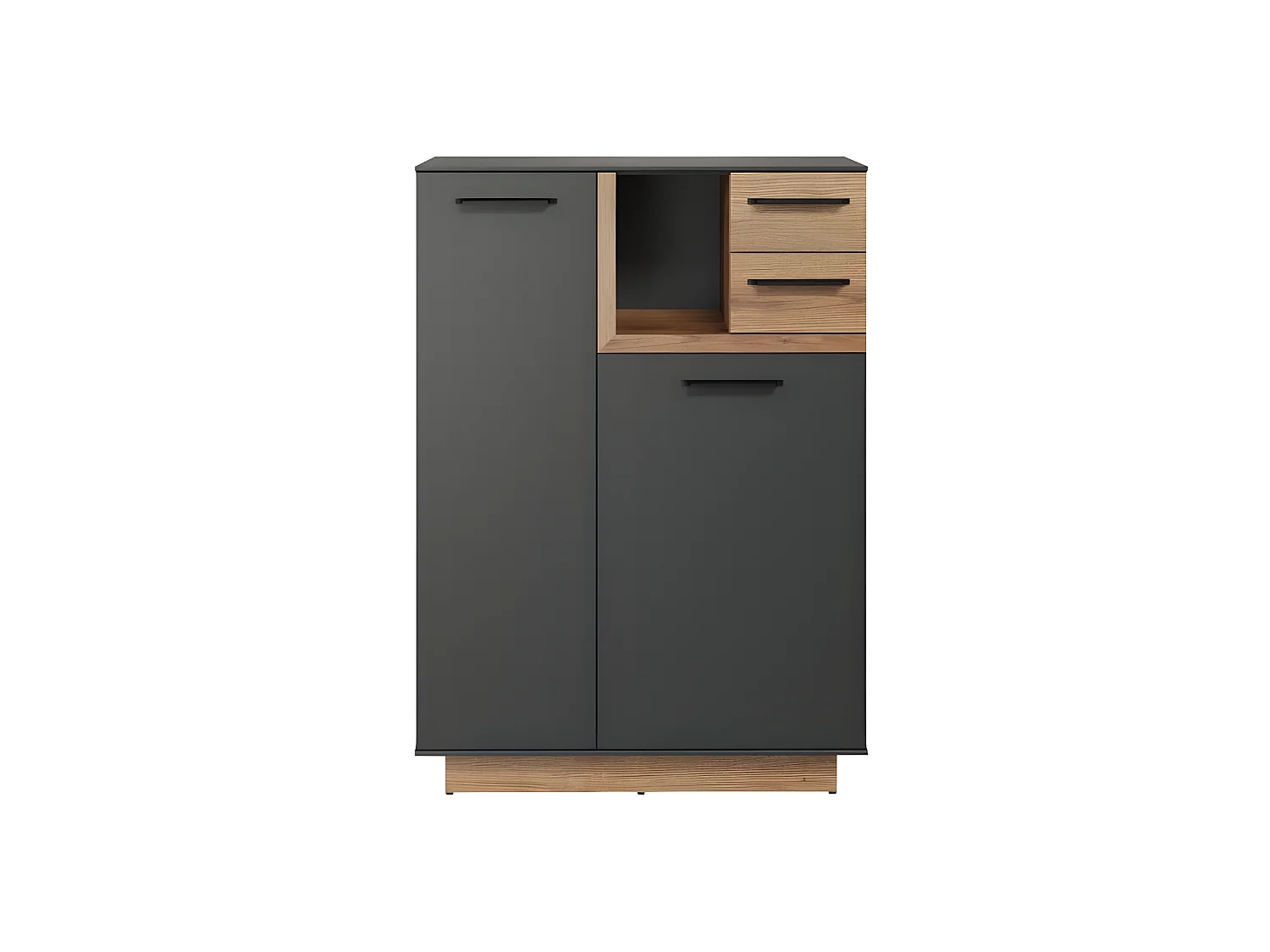 Synnax buffet 1 grandporte, 1 petit porte, 1 tablette, 2 tiroirs gris,chêne décor.