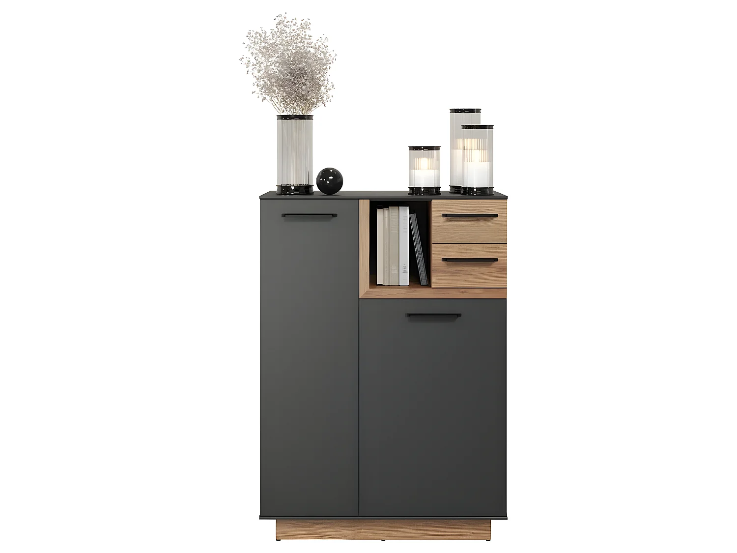 Synnax buffet 1 grandporte, 1 petit porte, 1 tablette, 2 tiroirs gris,chêne décor.
