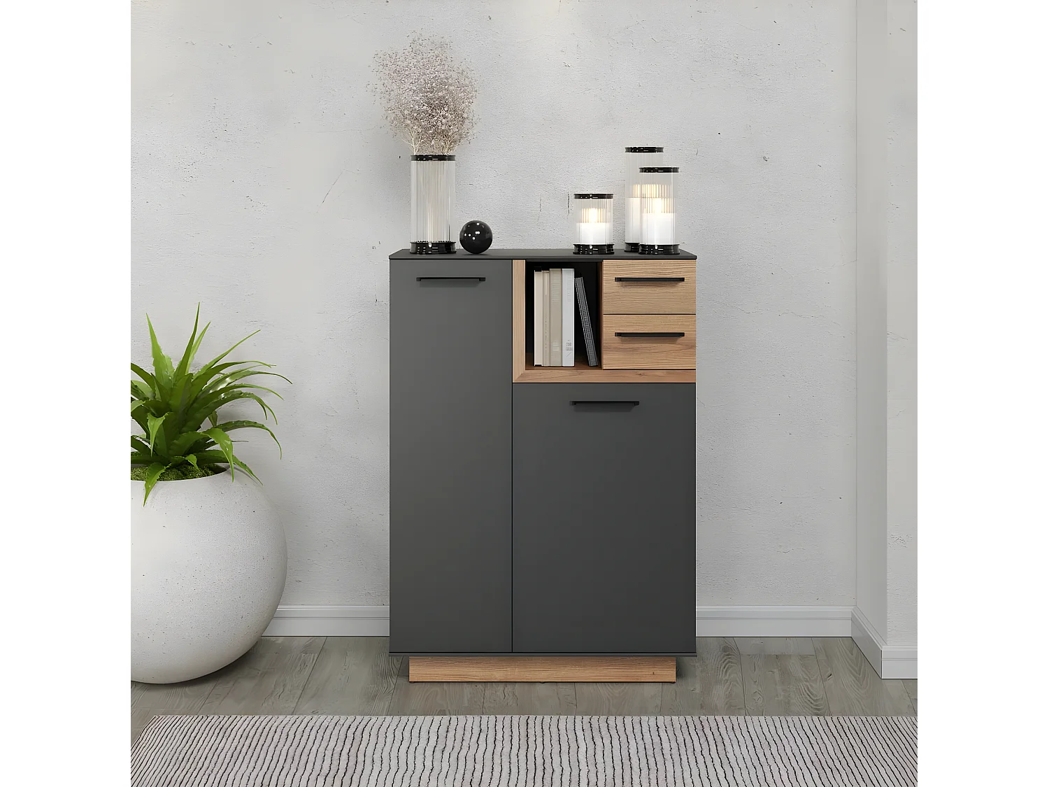 Synnax buffet 1 grandporte, 1 petit porte, 1 tablette, 2 tiroirs gris,chêne décor.