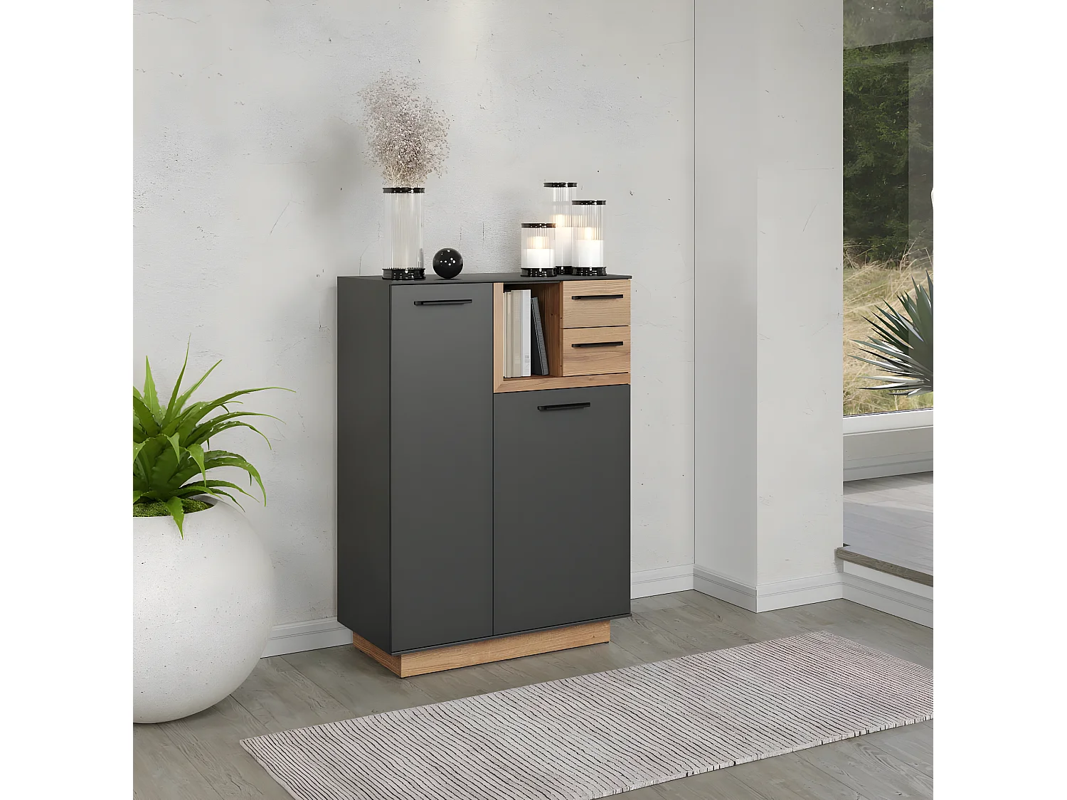 Synnax buffet 1 grandporte, 1 petit porte, 1 tablette, 2 tiroirs gris,chêne décor.