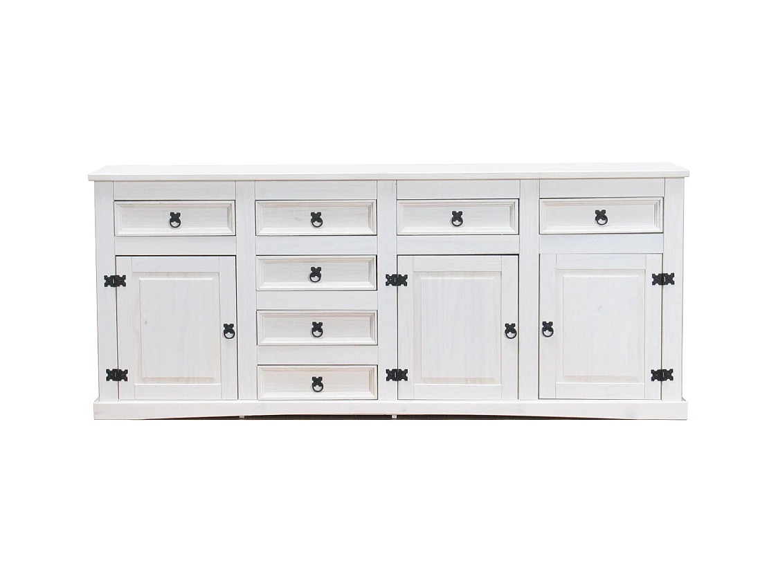 New Buffet Mexico avec 7 tiroirs et 3 portes, largeur 200 cm, hauteur 84 cm, blanc/ciré.