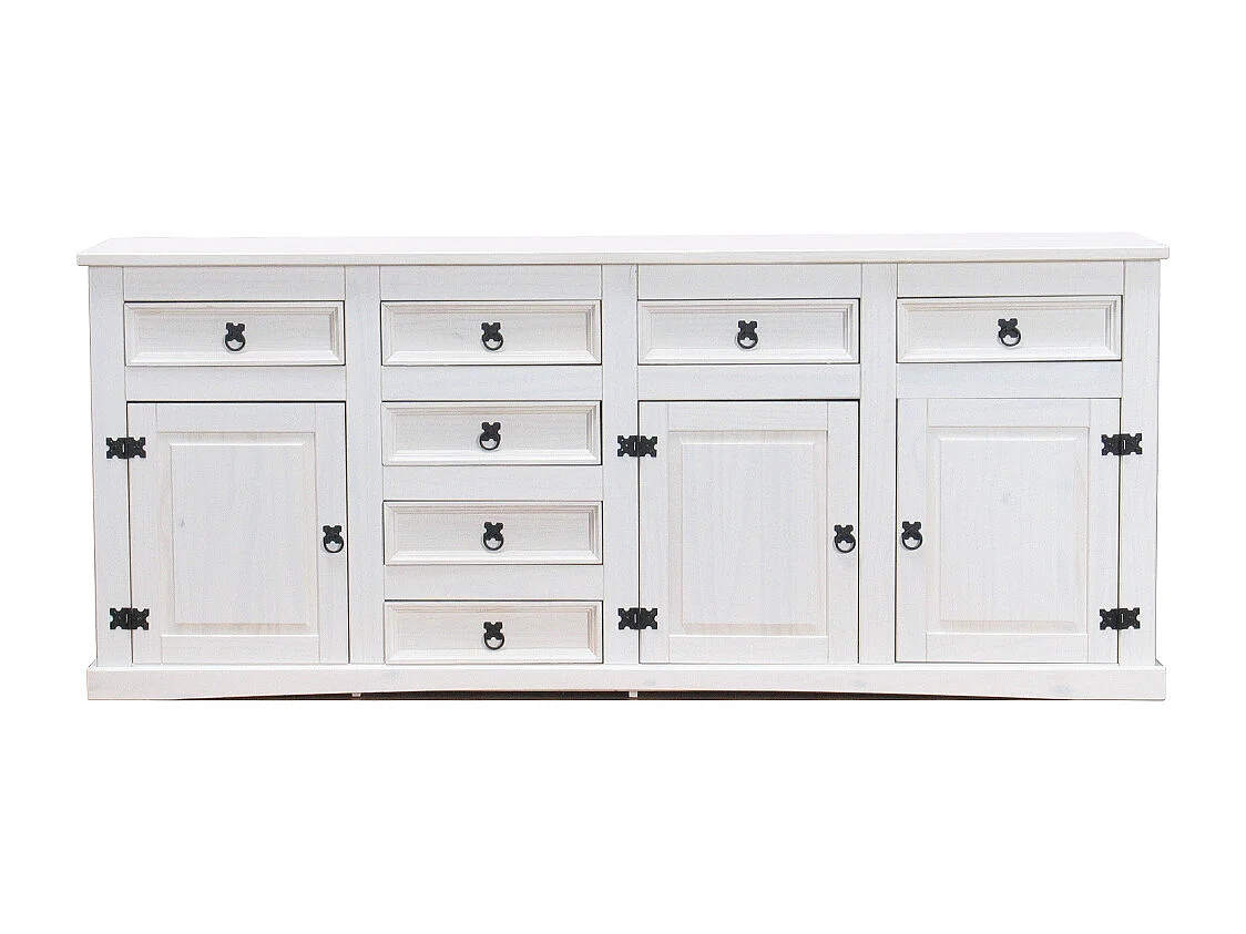 New Buffet Mexico avec 7 tiroirs et 3 portes, largeur 200 cm, hauteur 84 cm, blanc/ciré.
