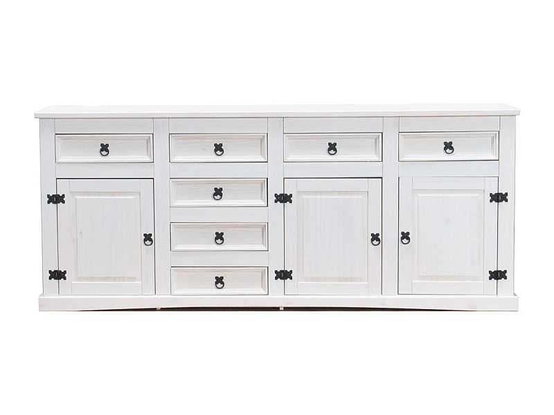 New Buffet Mexico avec 7 tiroirs et 3 portes, largeur 200 cm, hauteur 84 cm, blanc/ciré.
