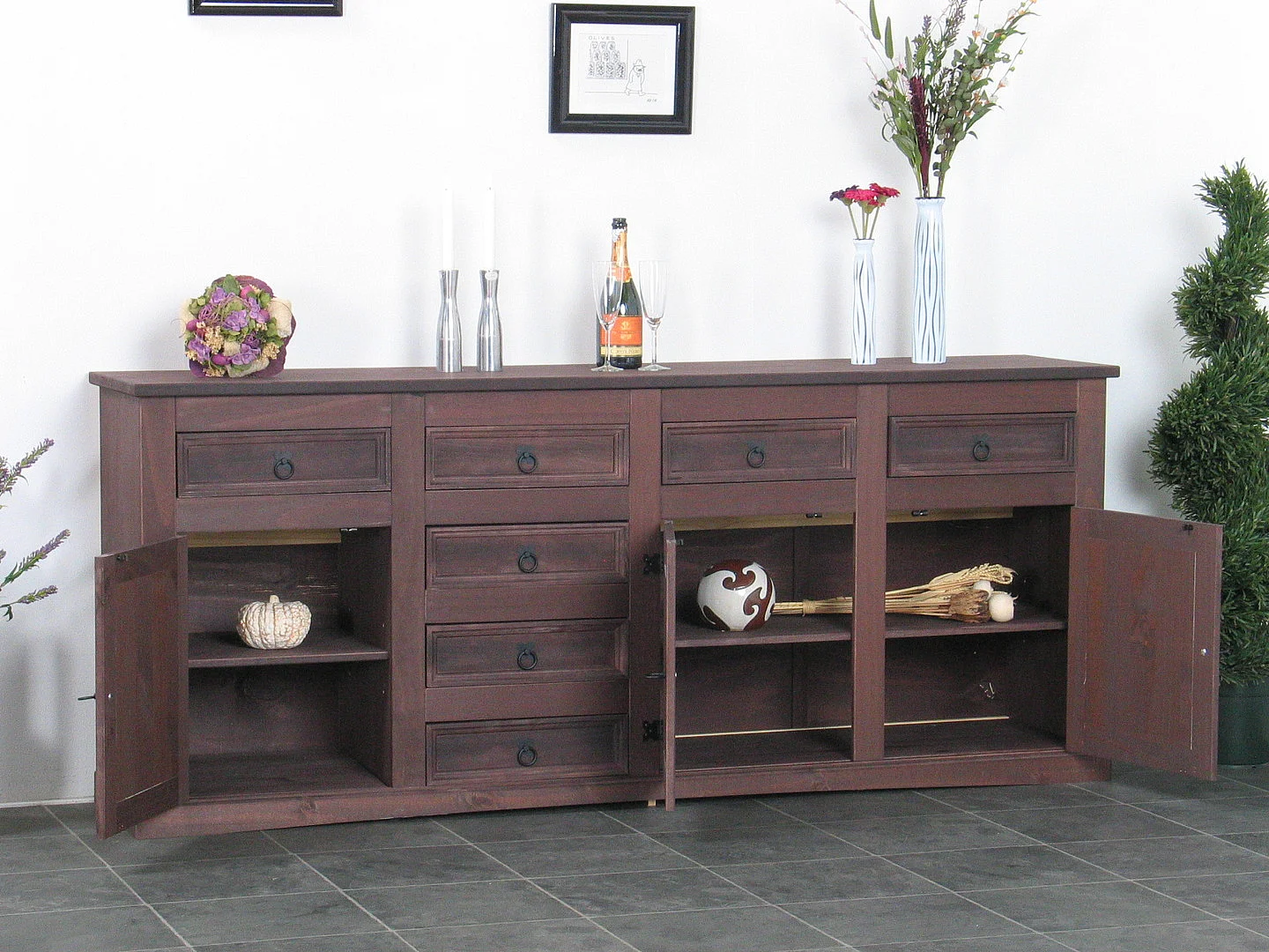New Buffet mexicain avec 7 tiroirs et 3 portes, largeur 200 cm, hauteur 84 cm, teinte/cire de style colonial.