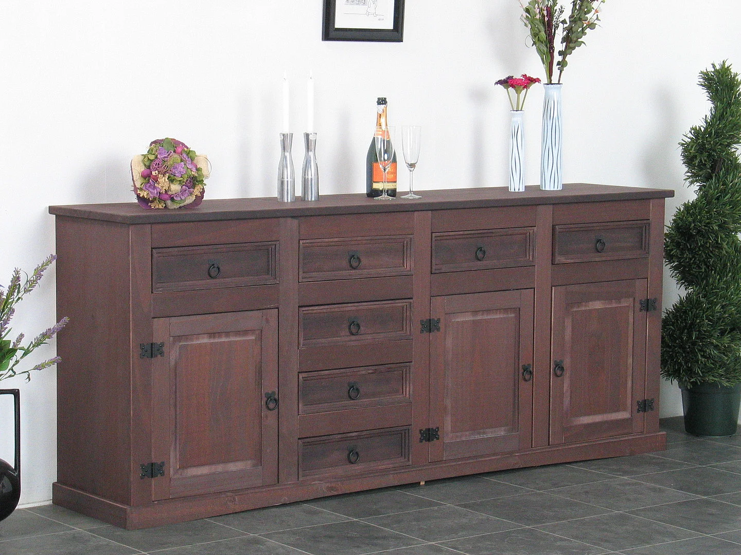 New Buffet mexicain avec 7 tiroirs et 3 portes, largeur 200 cm, hauteur 84 cm, teinte/cire de style colonial.