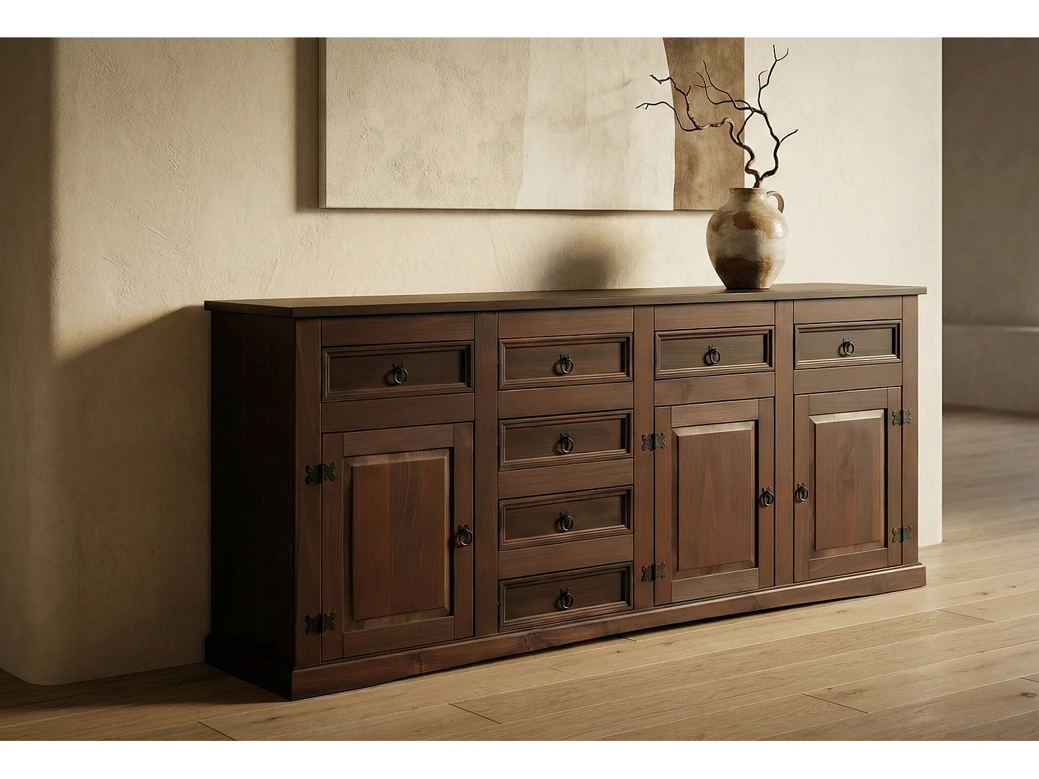 New Buffet mexicain avec 7 tiroirs et 3 portes, largeur 200 cm, hauteur 84 cm, teinte/cire de style colonial.