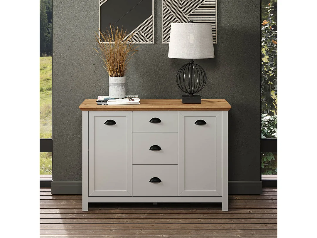 Landside dressoir 2 deuren, 3 laden, grijs.