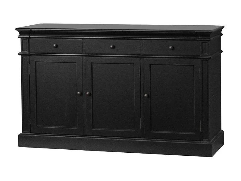 Amaretta Buffet vintage patiné noir, avec 3 portes et 3 tiroirs, largeur 142 cm, hauteur 86 cm.