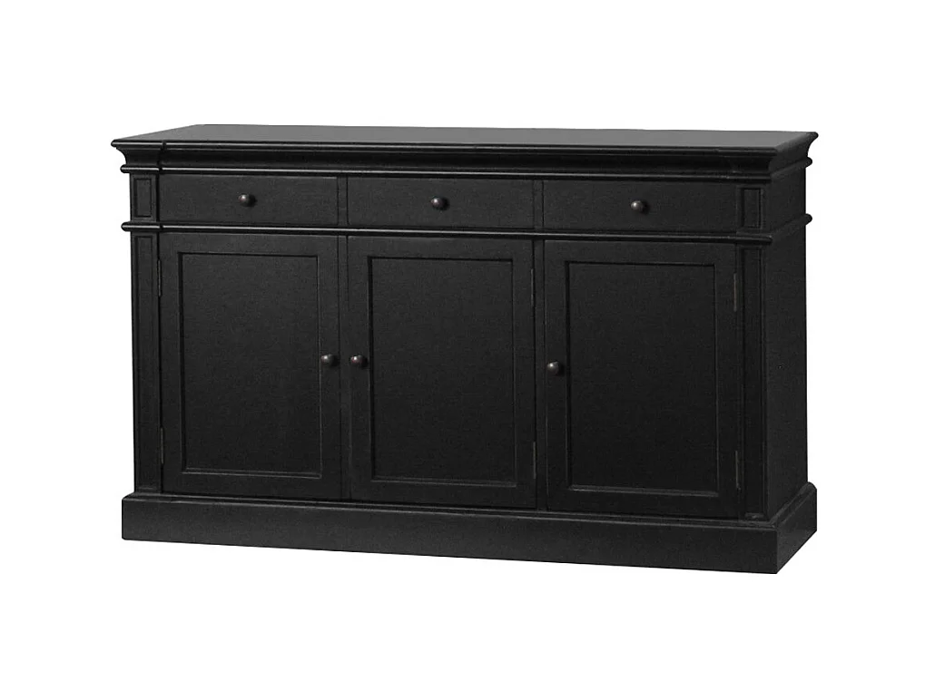 Amaretta Buffet vintage patiné noir, avec 3 portes et 3 tiroirs, largeur 142 cm, hauteur 86 cm.
