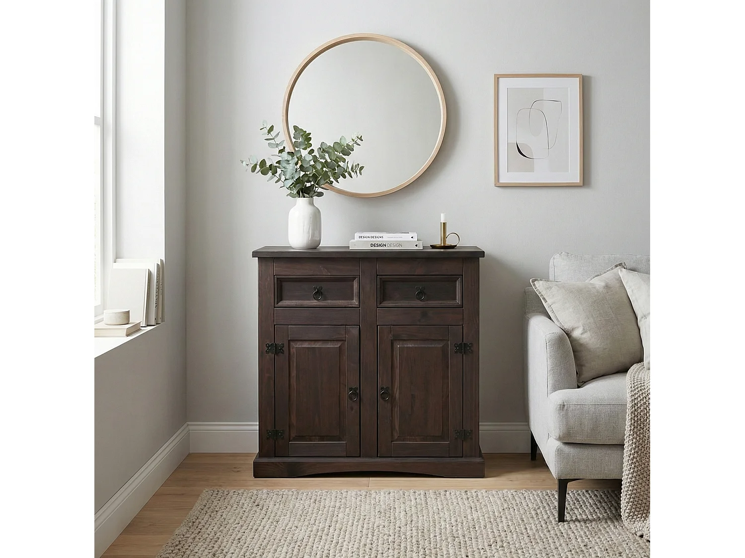 New Mexico Buffet, largeur 91 cm, hauteur 84 cm, avec 2 tiroirs et 2 portes, coloniales cémentées/ciré.