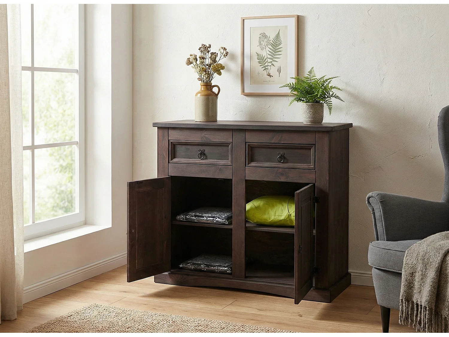 New Mexico Buffet, largeur 91 cm, hauteur 84 cm, avec 2 tiroirs et 2 portes, coloniales cémentées/ciré.