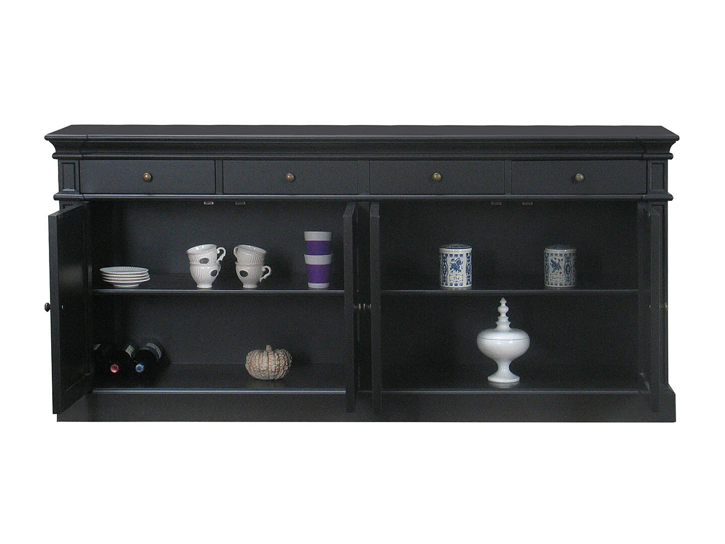 Zwart antiek patiné dressoir Mozart 4deurs.