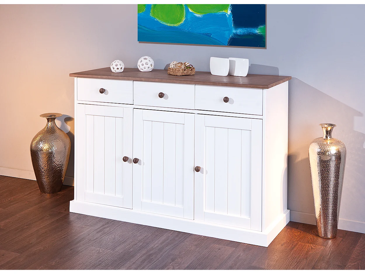 Wright Buffet 3 portes, 3 tiroirs, blanc, marron.