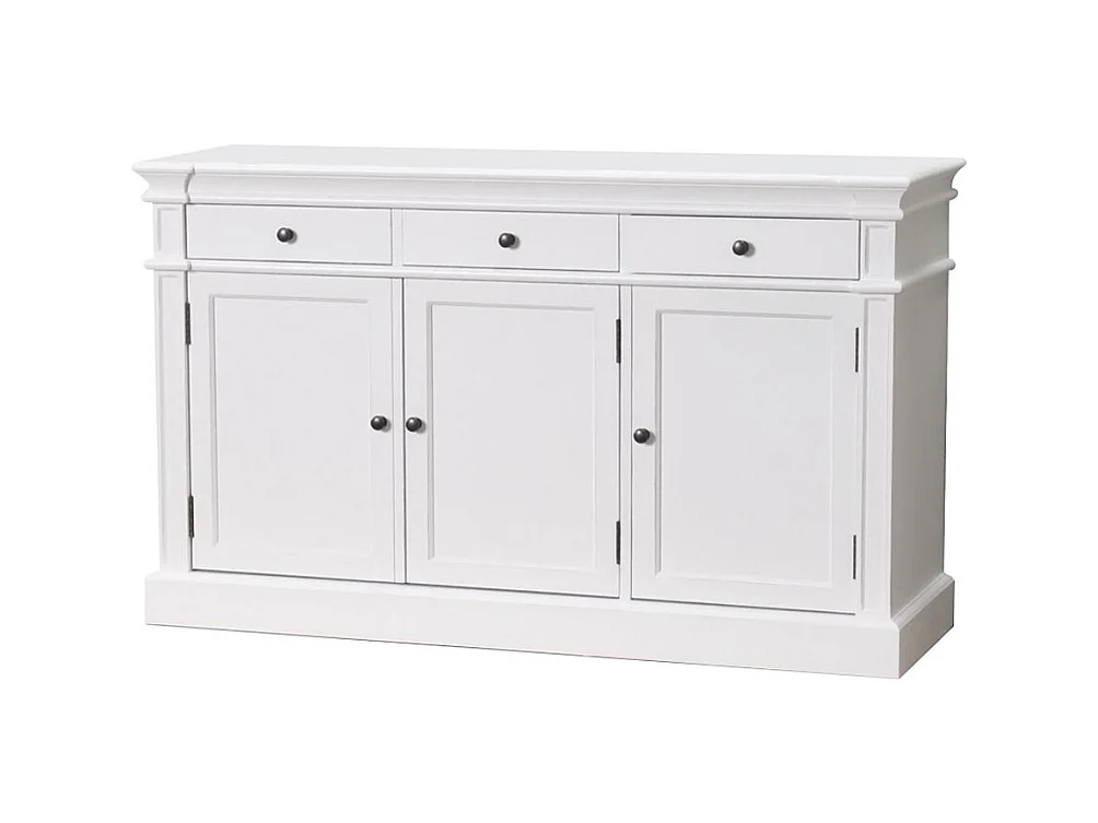 Mozart dressoir antiek wit, antiek gepatineerd met drie deuren en drie lades breedte 142 cm, hoogte 86 cm.