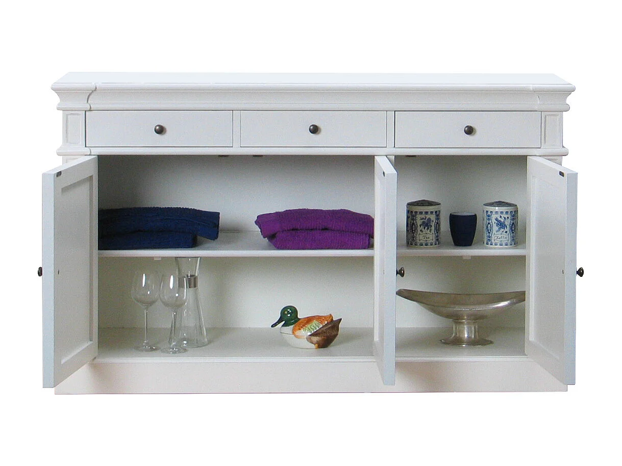 Amaretta Buffet vintage blanc, vintage patiné, avec 3 portes et 3 tiroirs, largeur 142 cm, hauteur 86 cm.