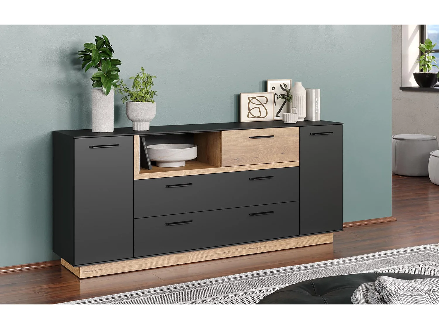 Synnax Sideboard 2 Türen, 2 Klaptüren, 1 Schublade, 1 Ablage grau,Eiche dekor.