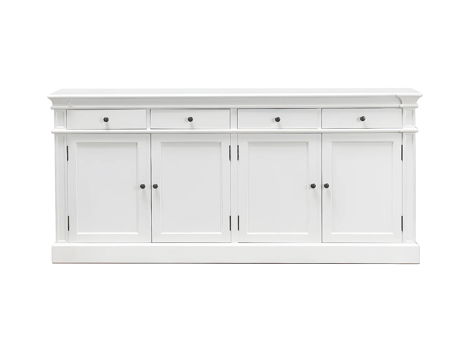 Mozart dressoir met 4 deuren en 4 lades breedt 186 cm, hoogte 86 cm antiek wit, antiek gepatineerd.
