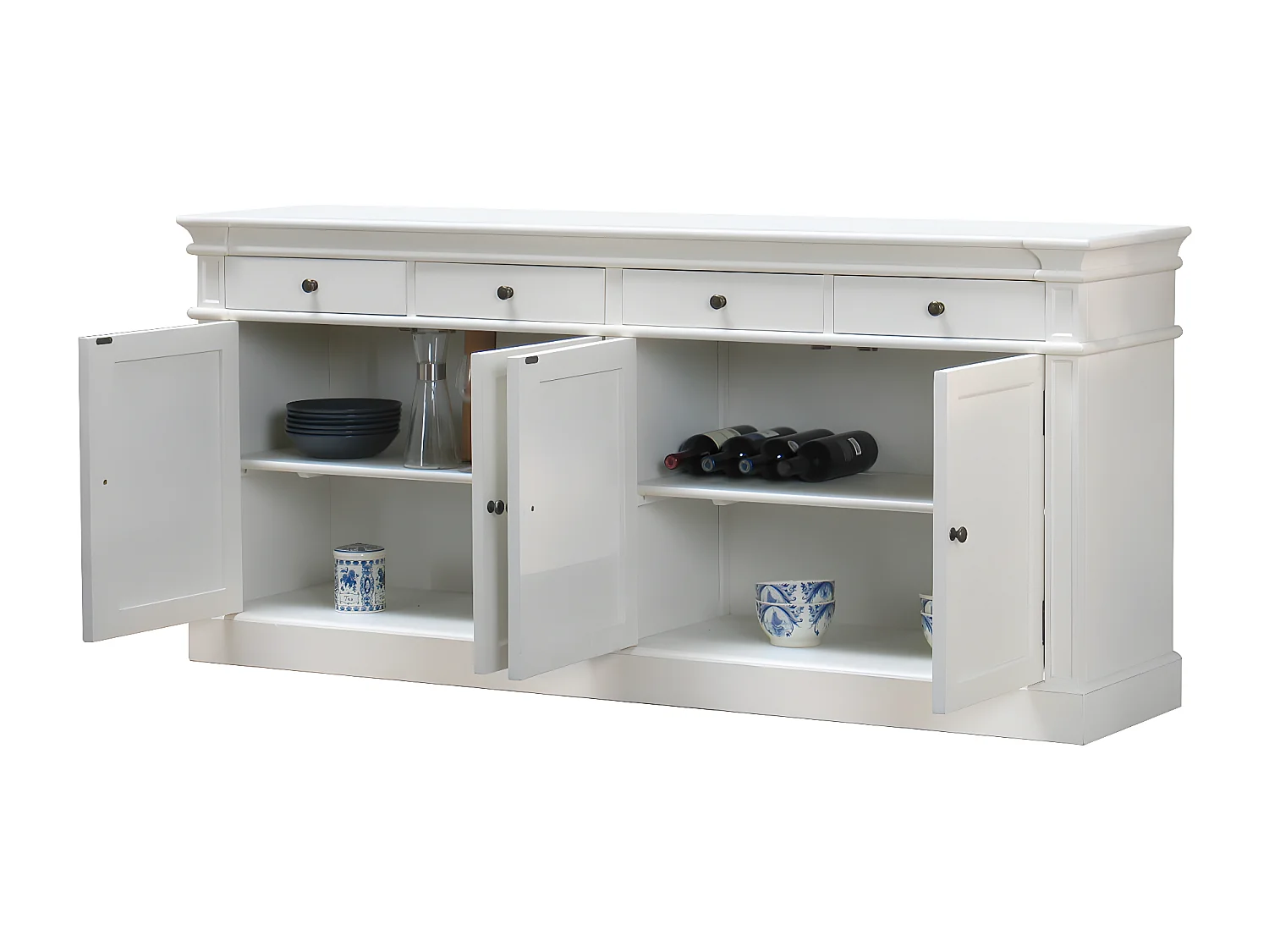 Amaretta Buffet ancien vieux blanc patiné avec 4 portes et 4 tiroirs, largeur 186 cm, hauteur 86 cm.