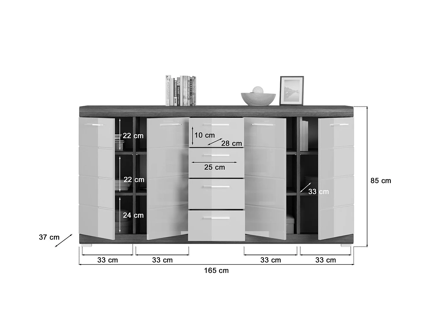 Scout buffet 4 portes, 4 tiroirs gris.