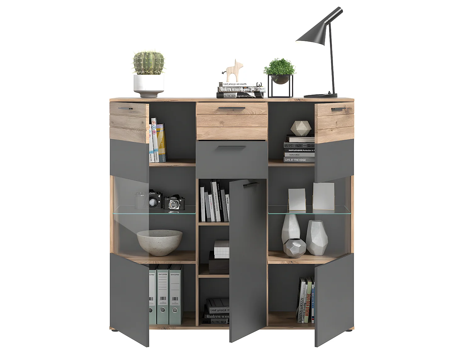 Mason dressoir 3 deuren, 2 laden eik decor.