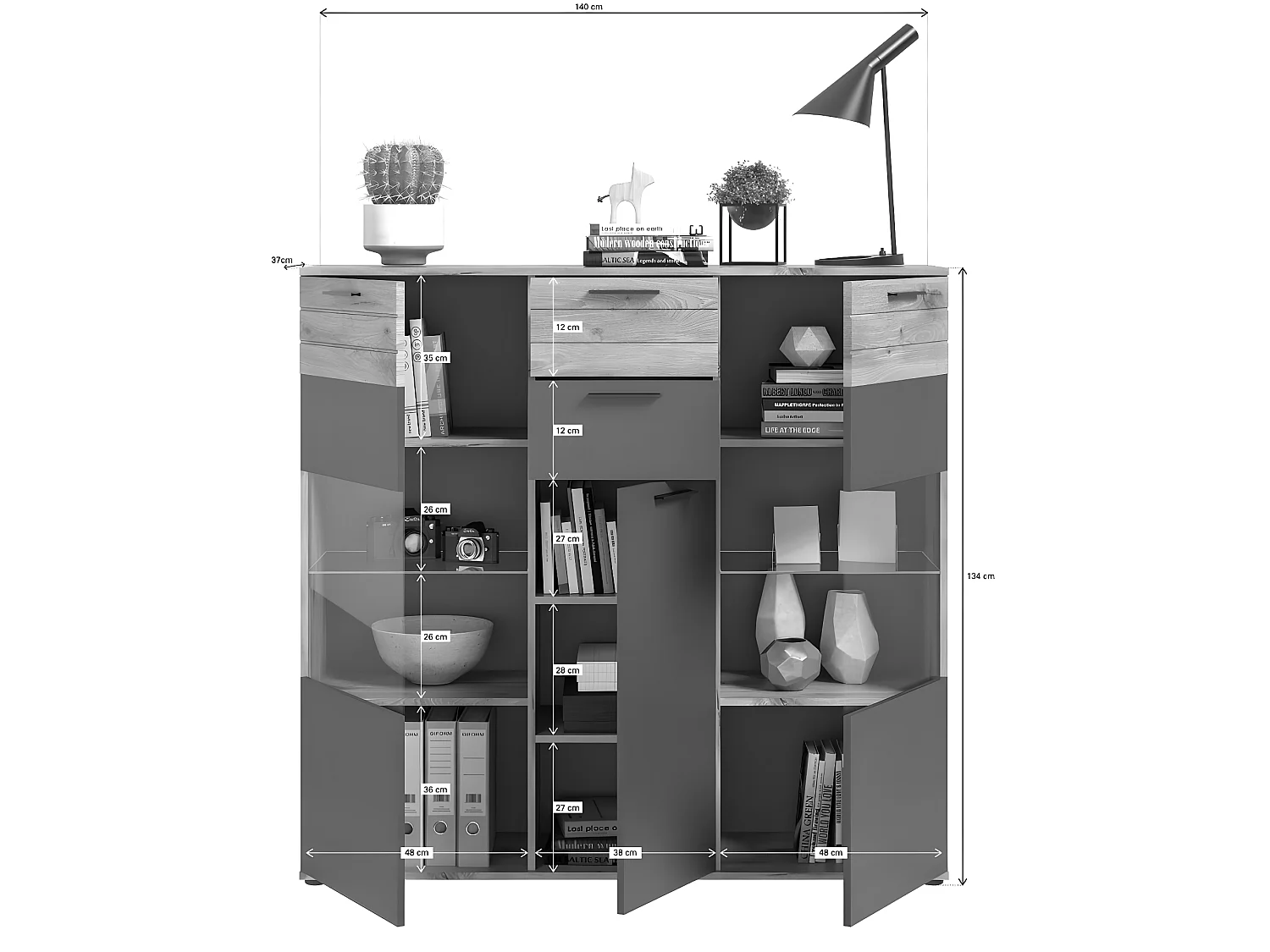 Mason dressoir 3 deuren, 2 laden eik decor.