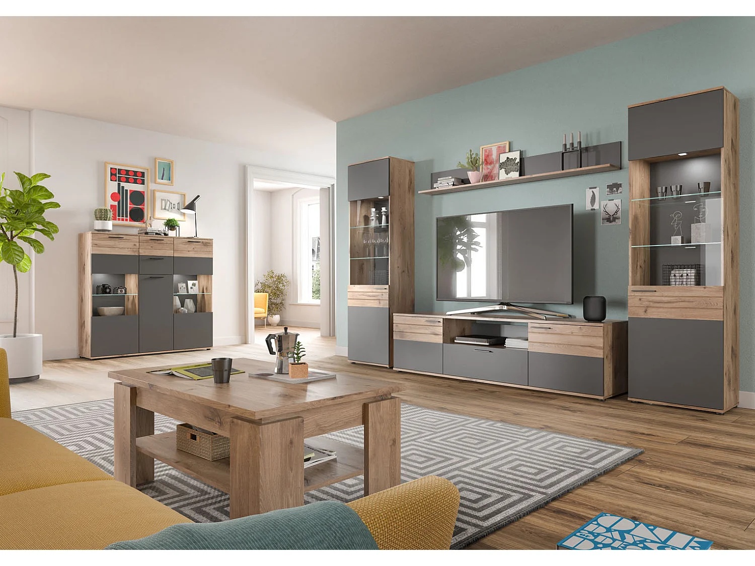 Mason dressoir 3 deuren, 2 laden eik decor.