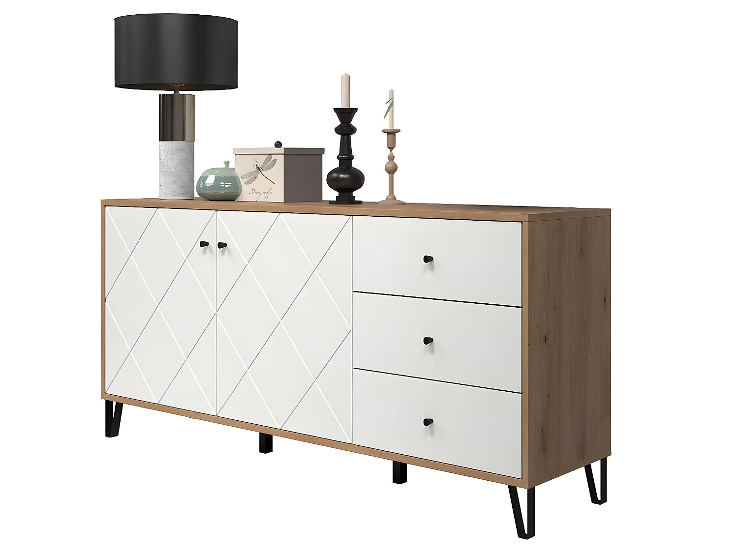 Touch Sideboard 2 Türen, 3 Schubladen Eiche Dekor, weiß matt.