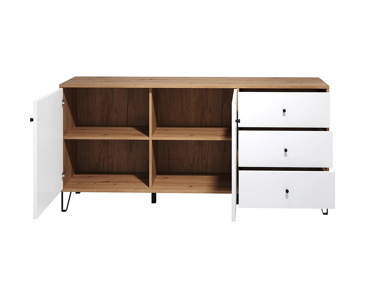 Touch Sideboard 2 Türen, 3 Schubladen Eiche Dekor, weiß matt.