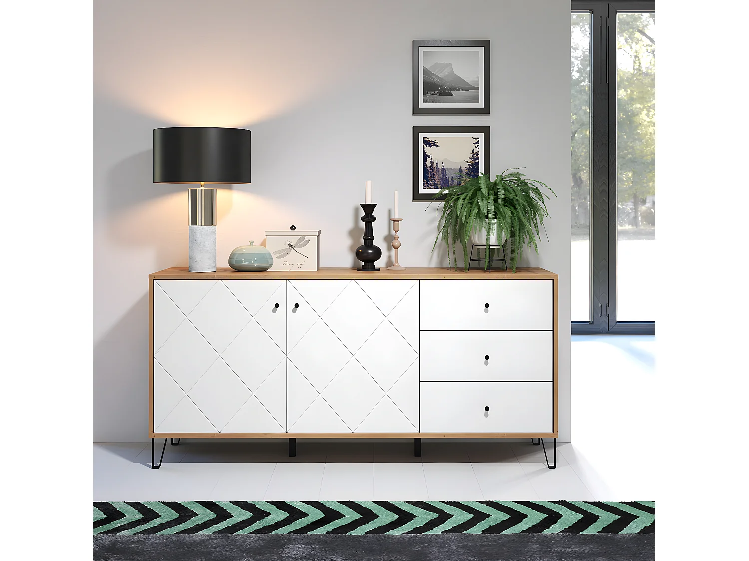 Touch Sideboard 2 Türen, 3 Schubladen Eiche Dekor, weiß matt.