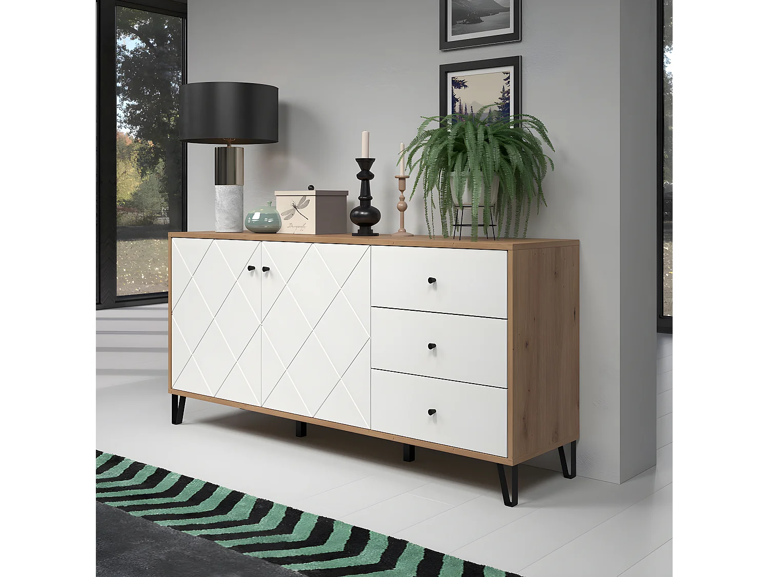 Touch Sideboard 2 Türen, 3 Schubladen Eiche Dekor, weiß matt.