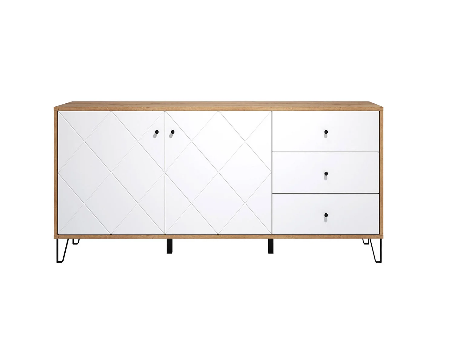 Touch dressoir 2 deuren, 3 laden eiken decor, wit mat.