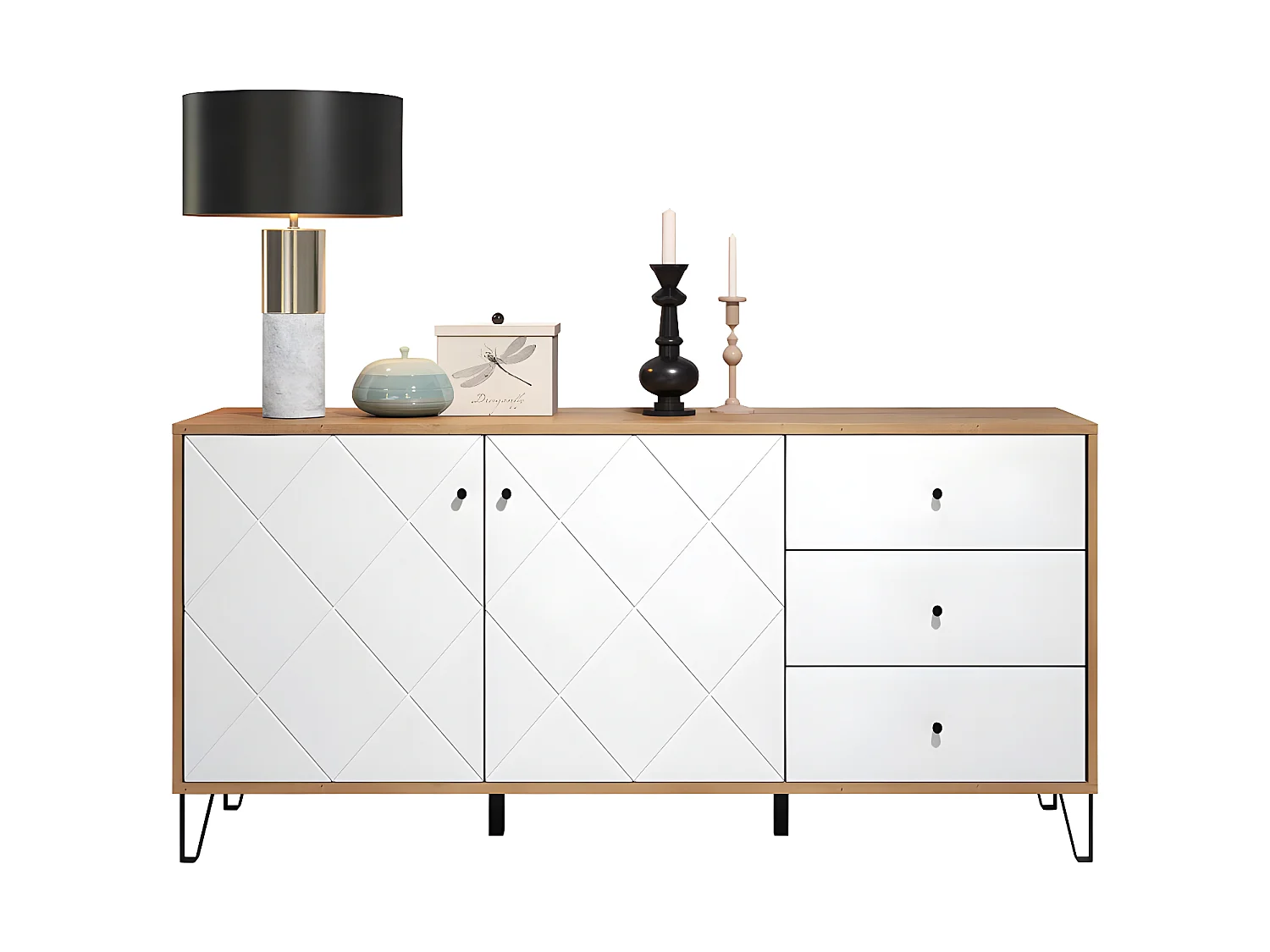 Touch dressoir 2 deuren, 3 laden eiken decor, wit mat.