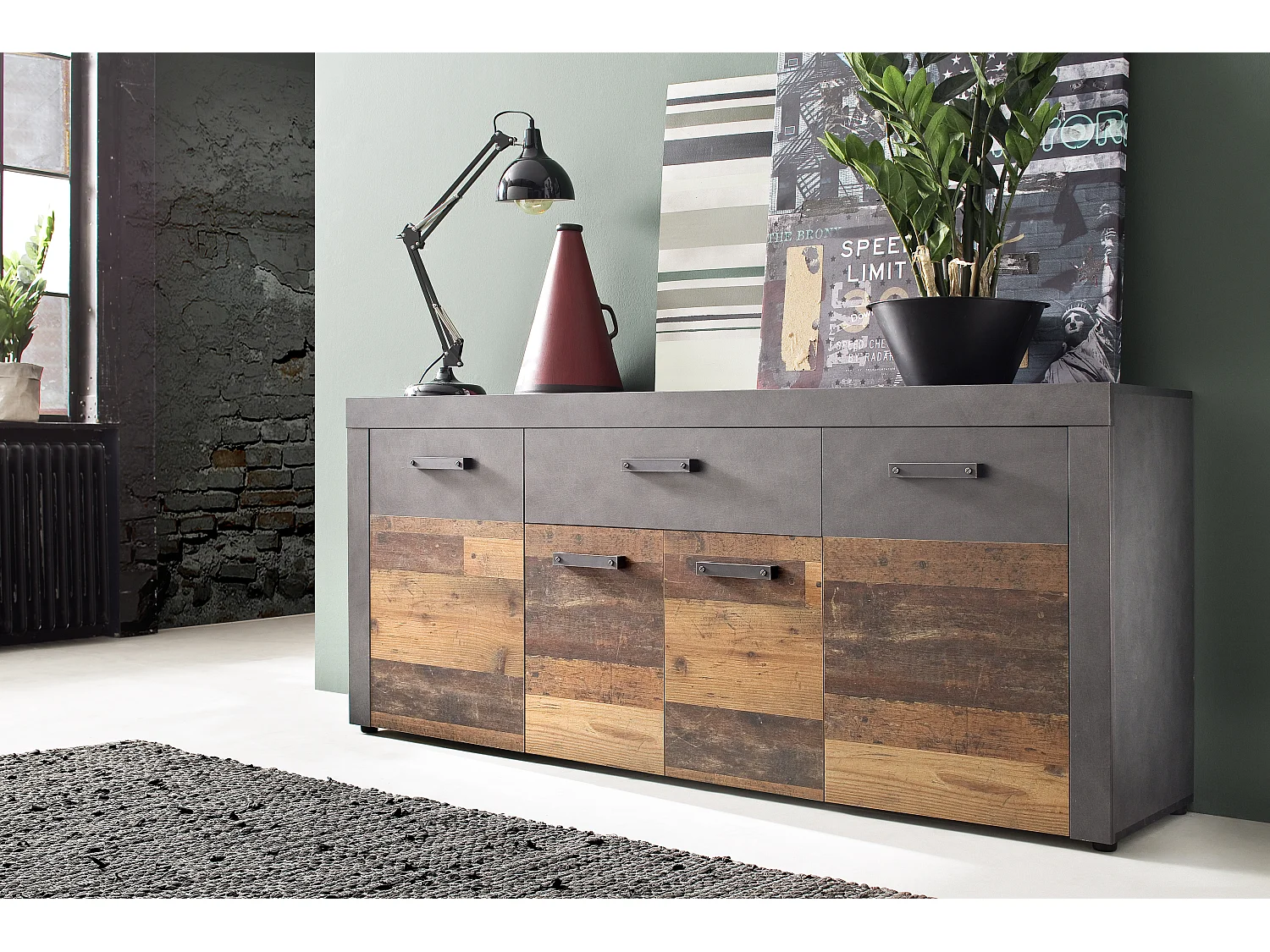 Irina Sideboard 4 Türen und 1 Schublade, grau Matera, Old Wood Dekor.