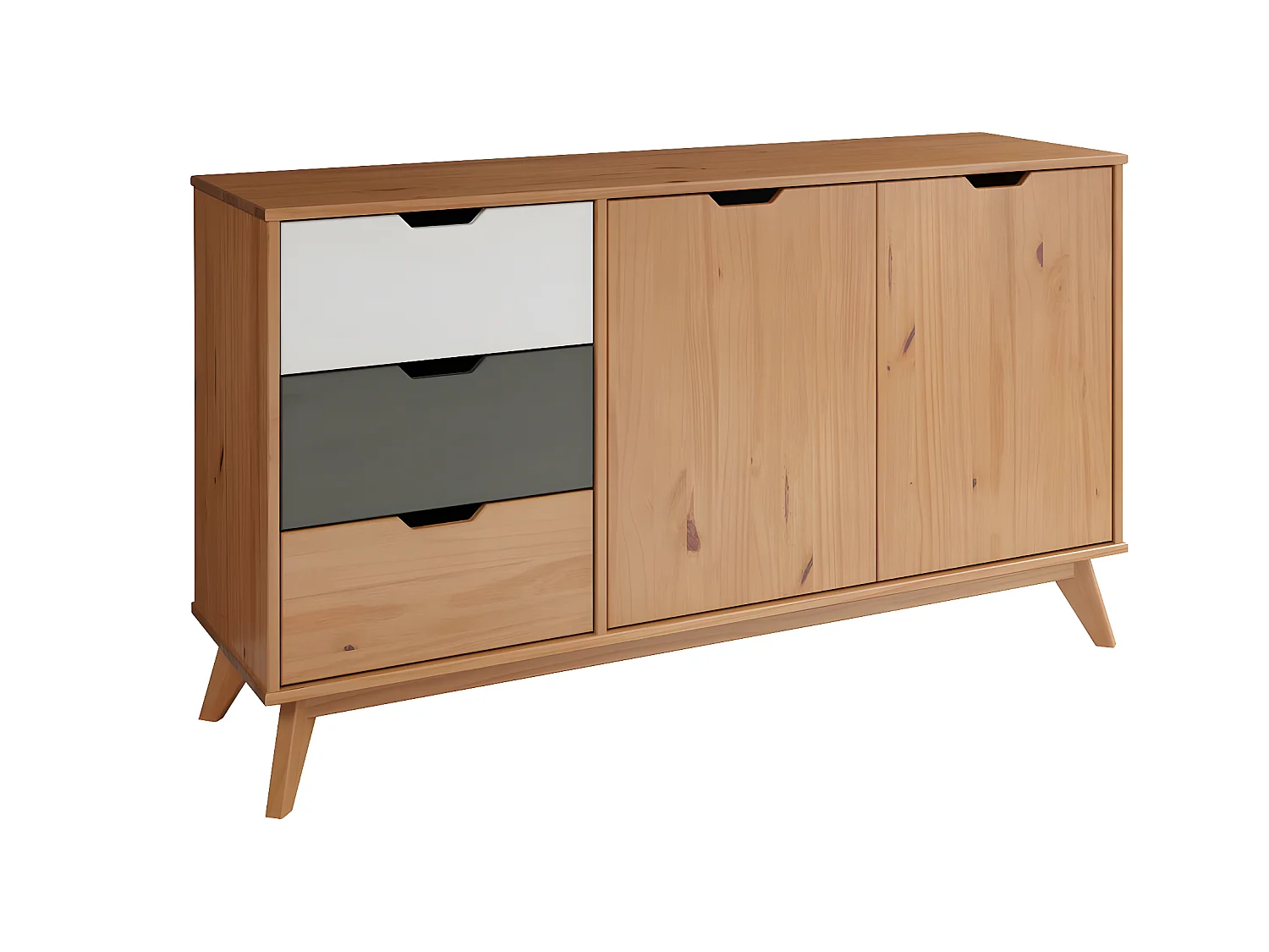 Scandik buffet 2 portes, 3 tiroirs miel,blanc,gris.