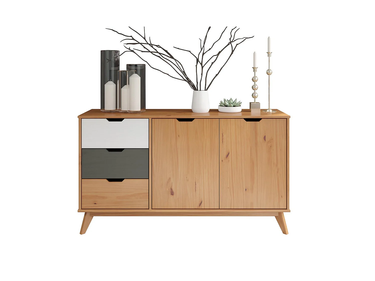 Scandik buffet 2 portes, 3 tiroirs miel,blanc,gris.