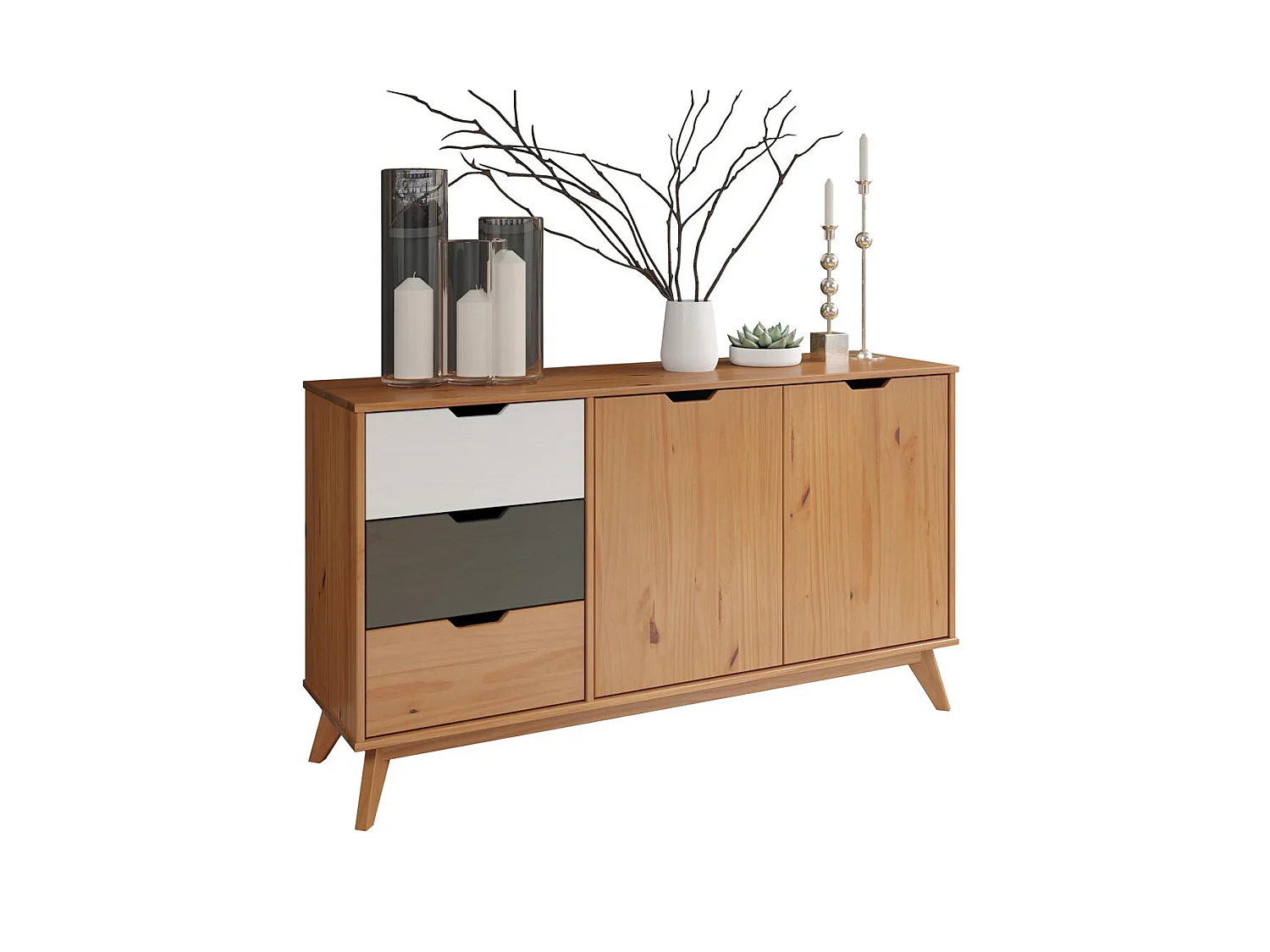 Scandik buffet 2 portes, 3 tiroirs miel,blanc,gris.