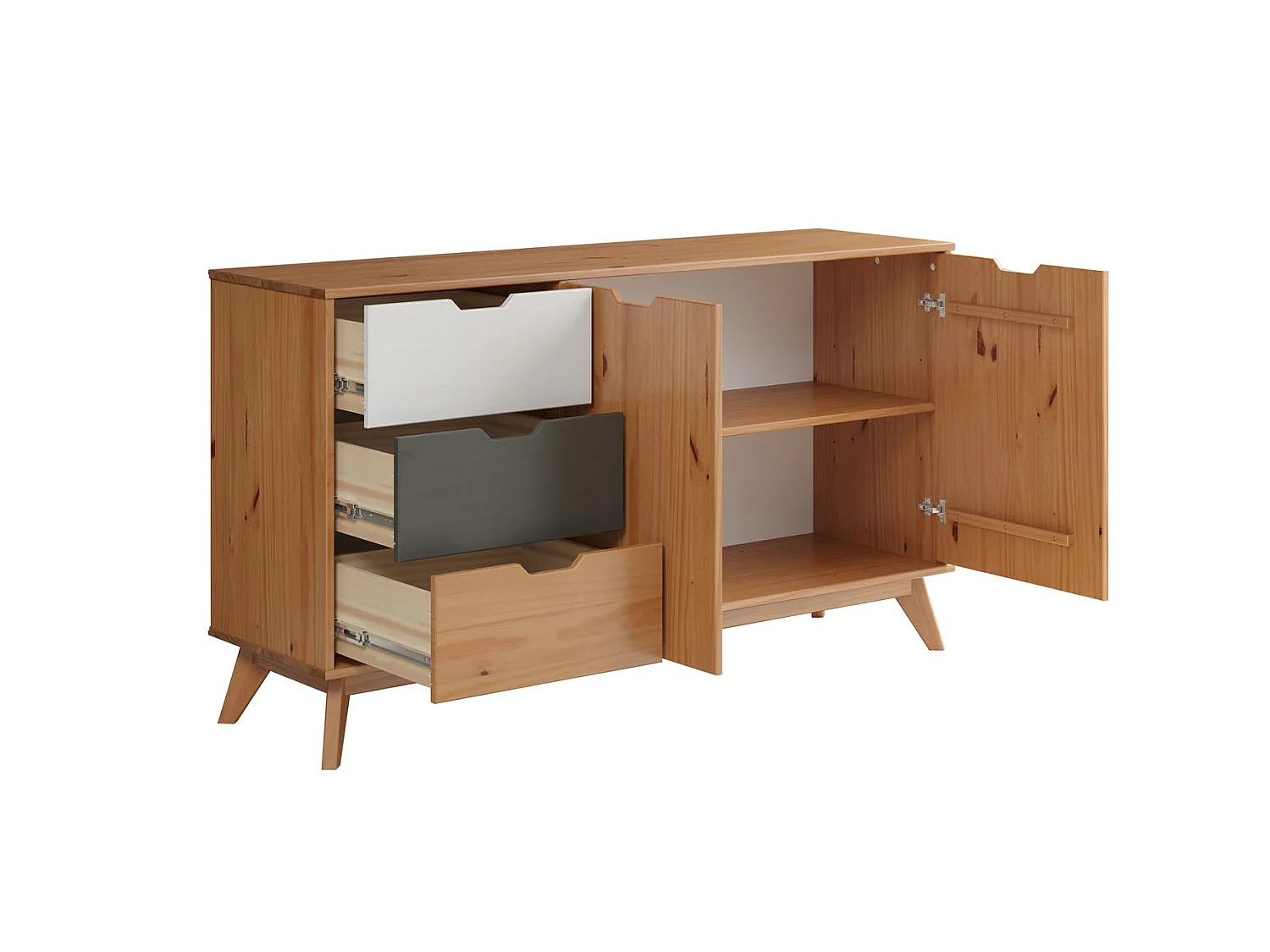 Scandik buffet 2 portes, 3 tiroirs miel,blanc,gris.