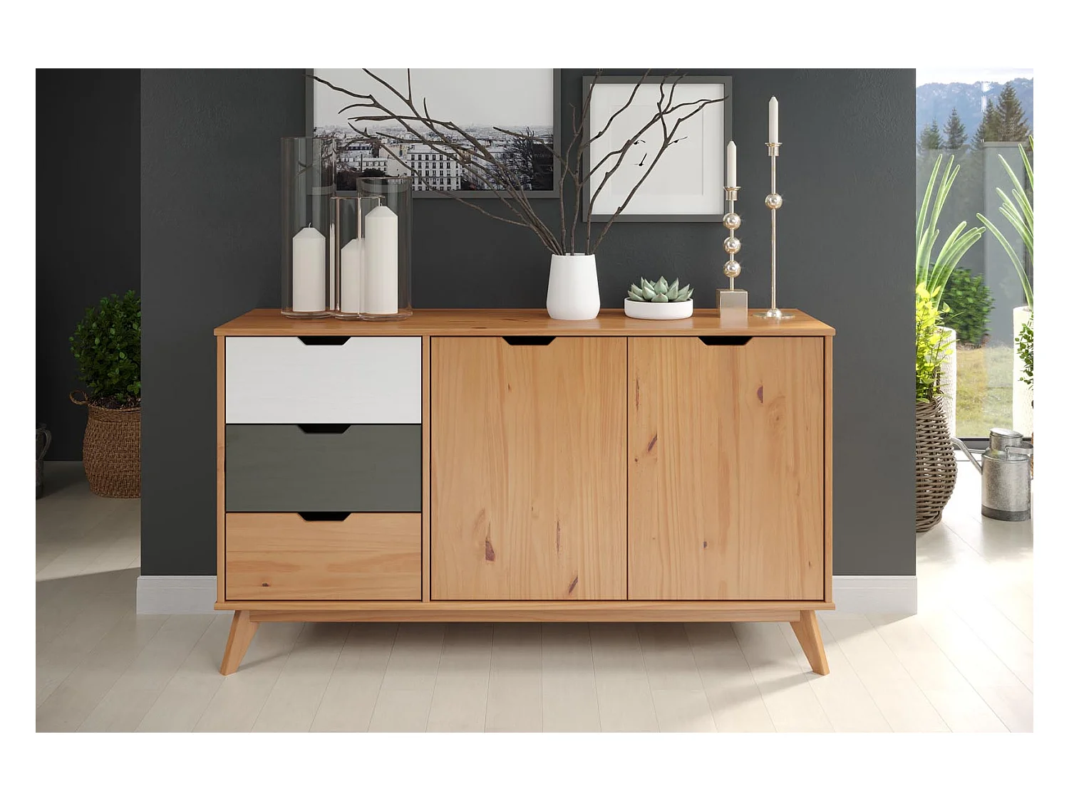 Scandik buffet 2 portes, 3 tiroirs miel,blanc,gris.