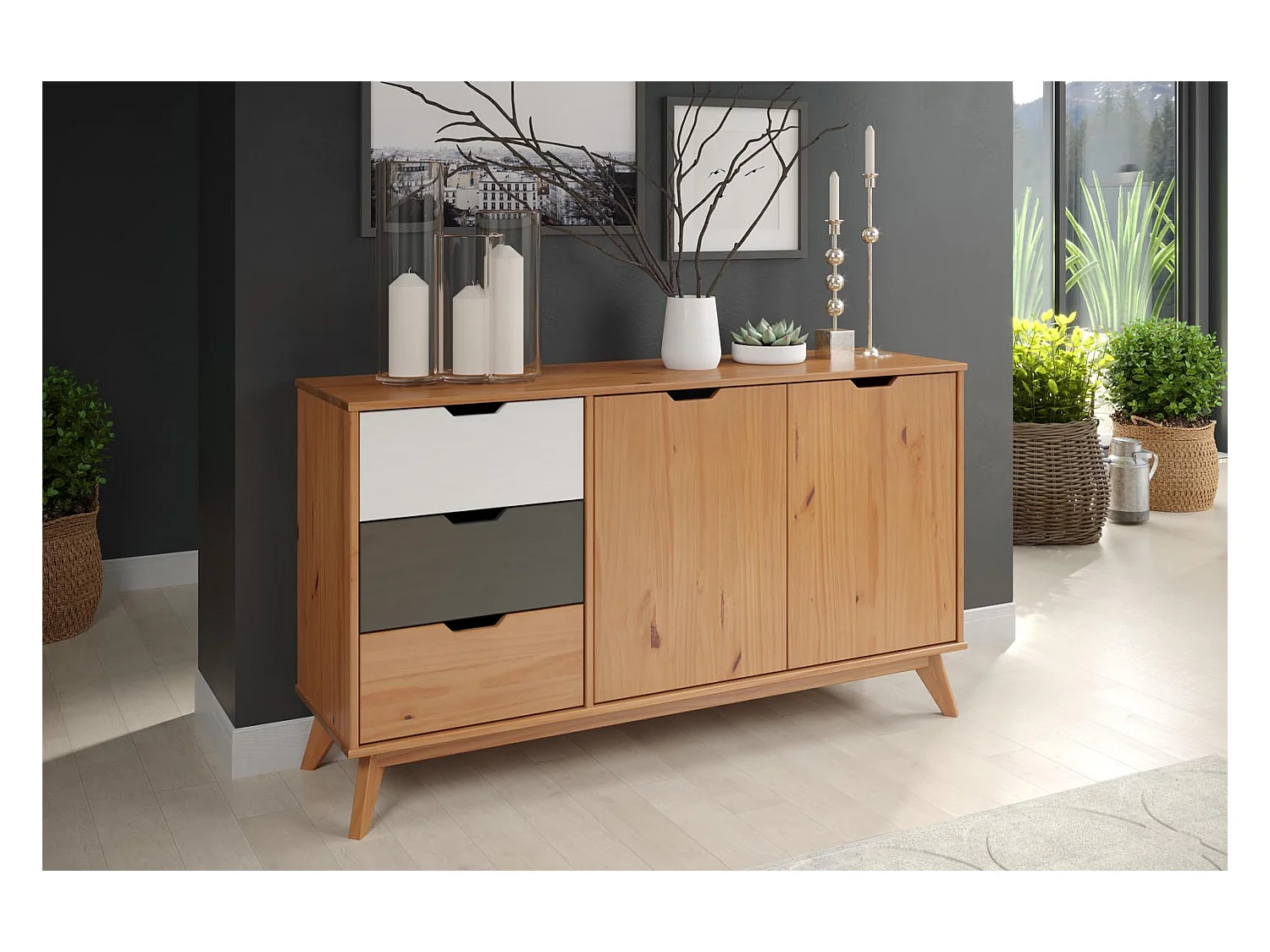 Scandik buffet 2 portes, 3 tiroirs miel,blanc,gris.